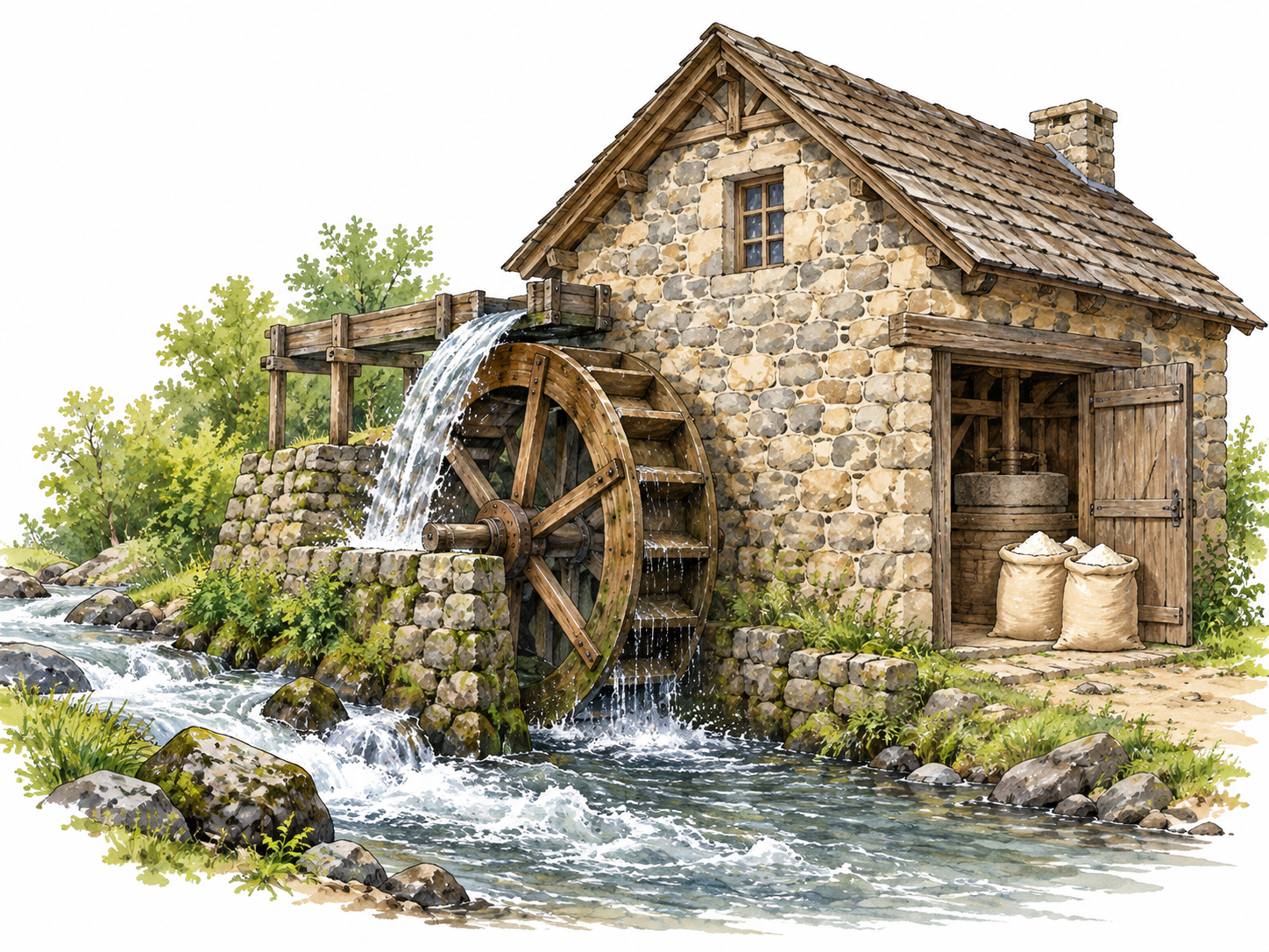 A water-powered grain mill beside a stream, turning wheel connected to a stone building and sacks of flour at doorway.