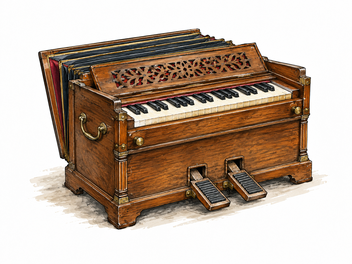 A compact antique wooden harmonium with black and white keyboard, two foot-operated bellows pedals and opened rear bellows, three-quarter view.