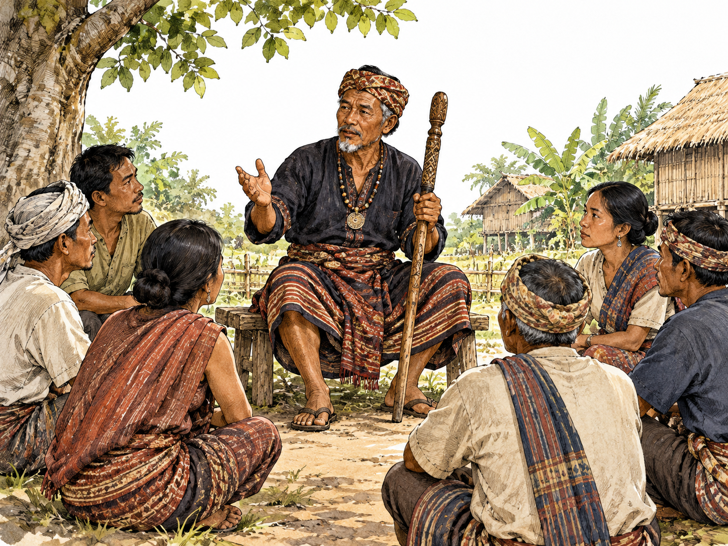 Older Southeast Asian male village leader chairs a practical community meeting, calm authority and attentive neighbors.