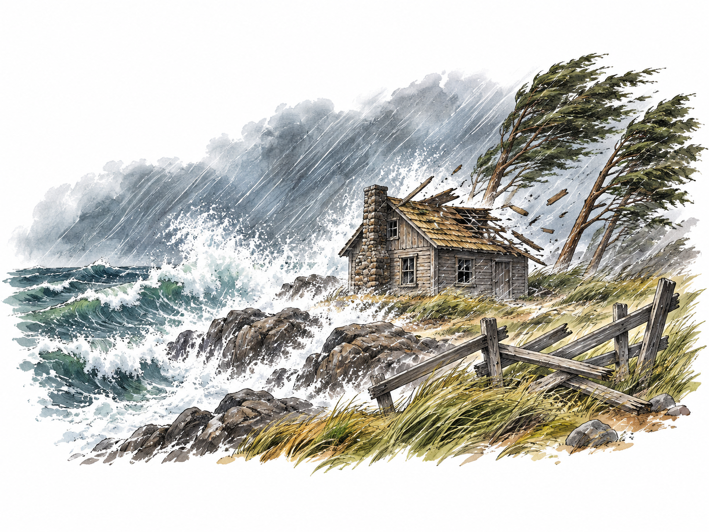 A storm brutally battering a small uninhabited coastal cabin, shattered fence and bending trees, extreme harshness without victims.