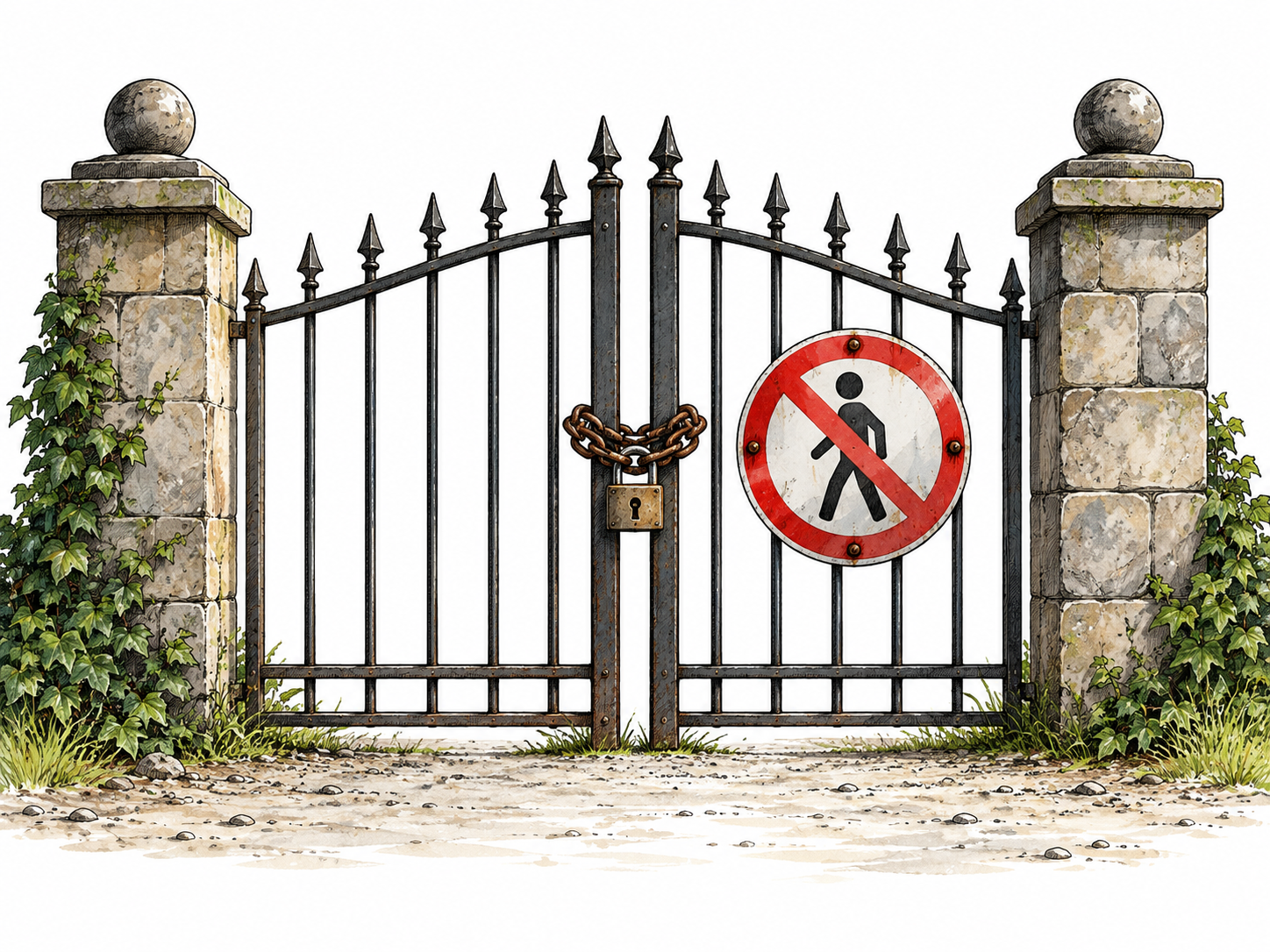 A locked gate with a simple unmistakable no-entry symbol, firmly closed for all occasions, no words.