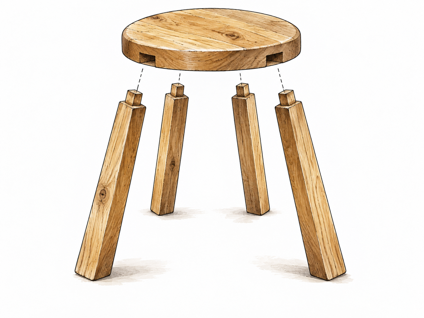 An exploded view of a simple wooden stool, seat and four legs hovering in correct assembly alignment, whole made of parts.