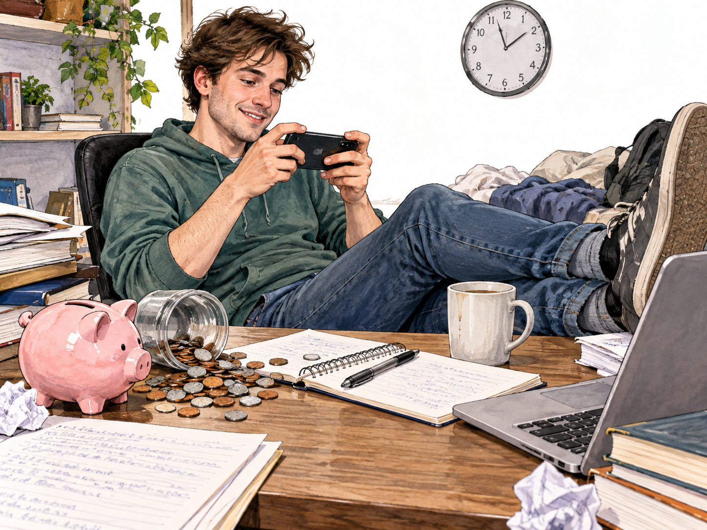 A young white adult distracted by phone games while loose coins and unfinished work lie neglected, wasting time on trivial diversions.