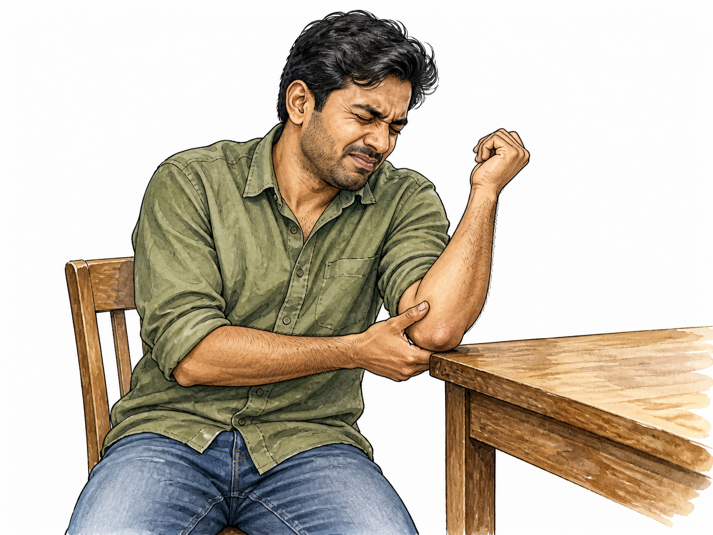 A South Asian man briefly squeezing eyes and lips after bumping his elbow on a tabletop, one hand cradling elbow, small restrained flinch, no injury.