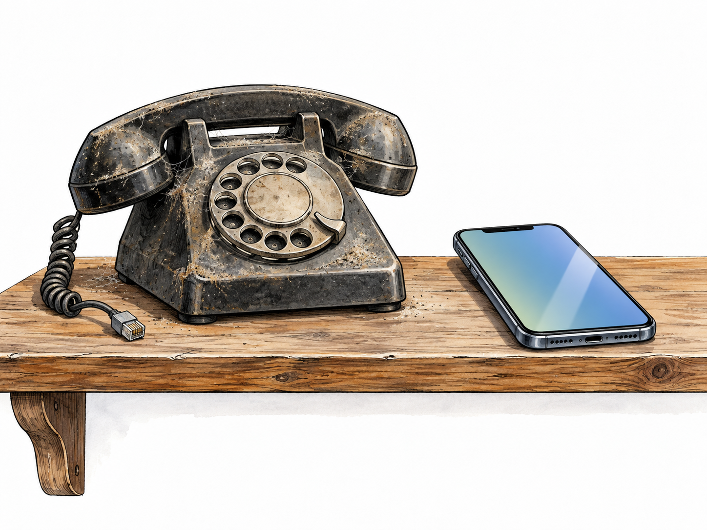 A dusty rotary phone disconnected on shelf beside a modern smartphone, clearly superseded.