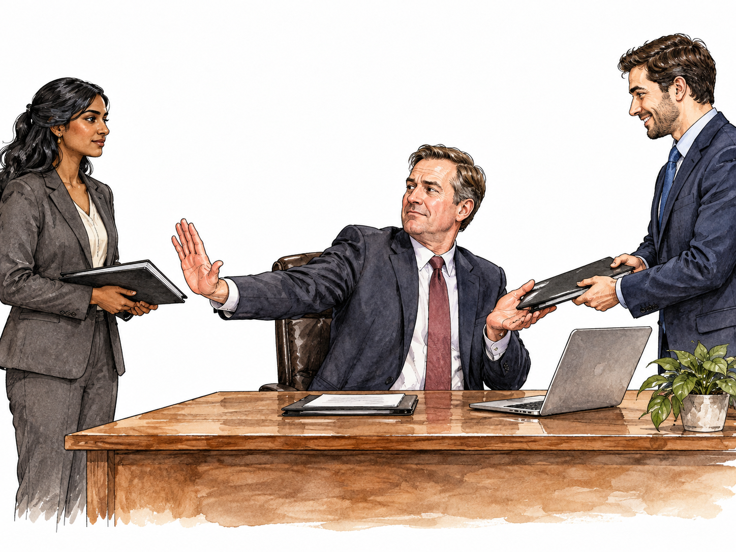A white male hiring manager dismissively pushing away a qualified woman's portfolio while welcoming a man with the same portfolio; woman is South Asian, calm dignified, explicit unfair gender prejudice, no text.