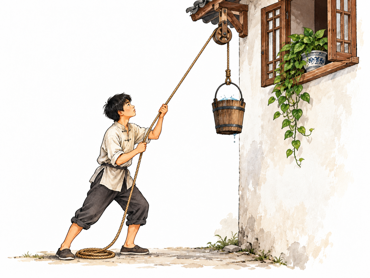 An inventive East Asian teenager devises a pulley with rope and a bucket to water a high window plant.