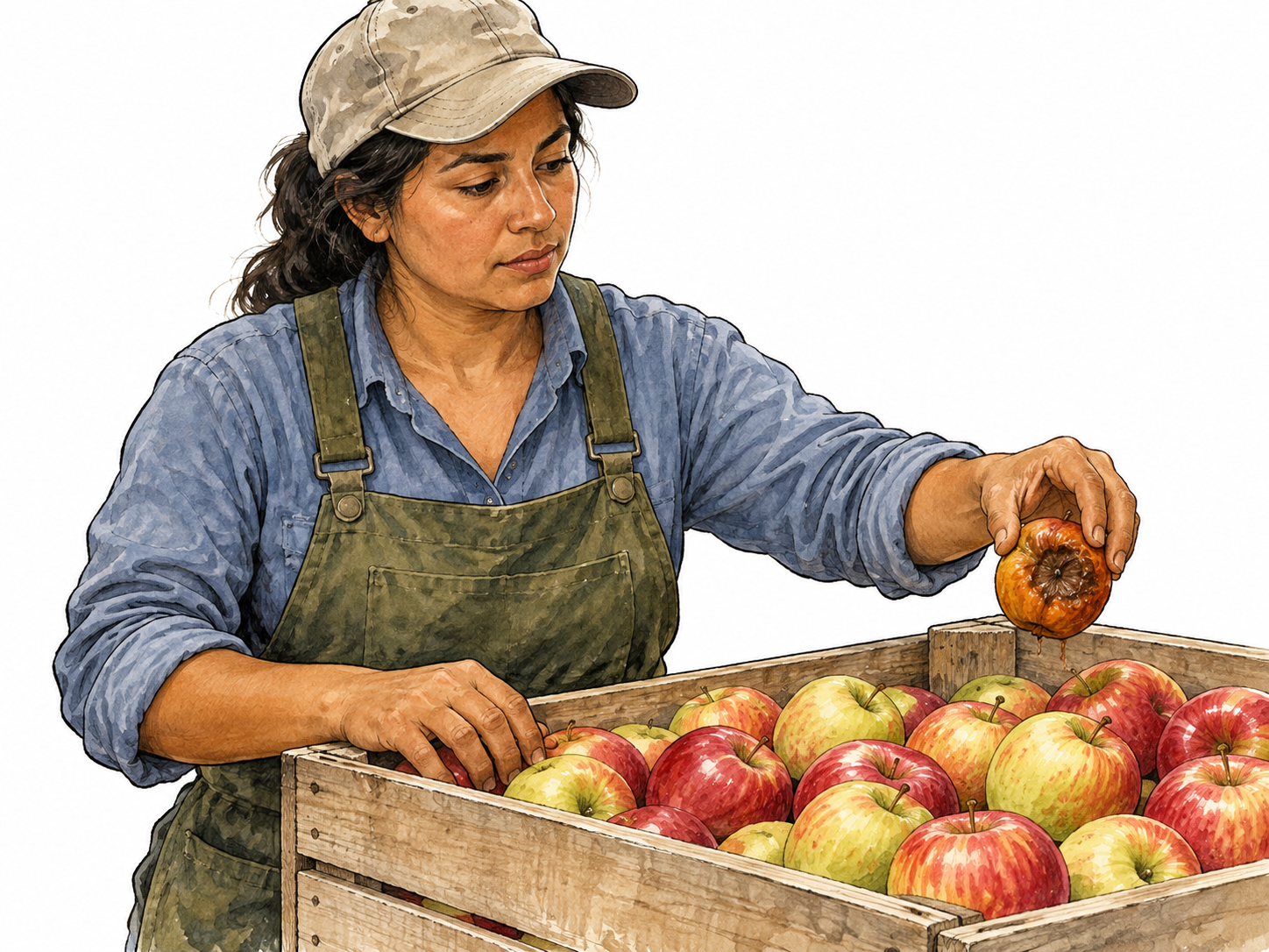A Latina orchard worker carefully removes a rotten apple from a crate of sound apples, selecting unwanted fruit.