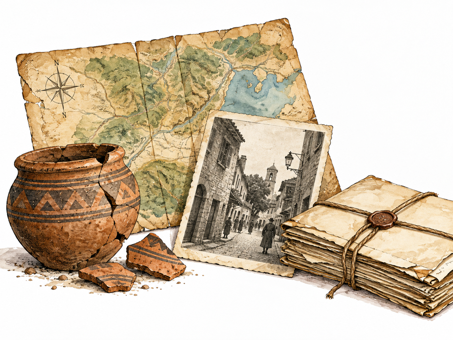 A thoughtful display of historical records: aged map, archaeological pottery, black-white old street photograph and archival folio, no legible text.