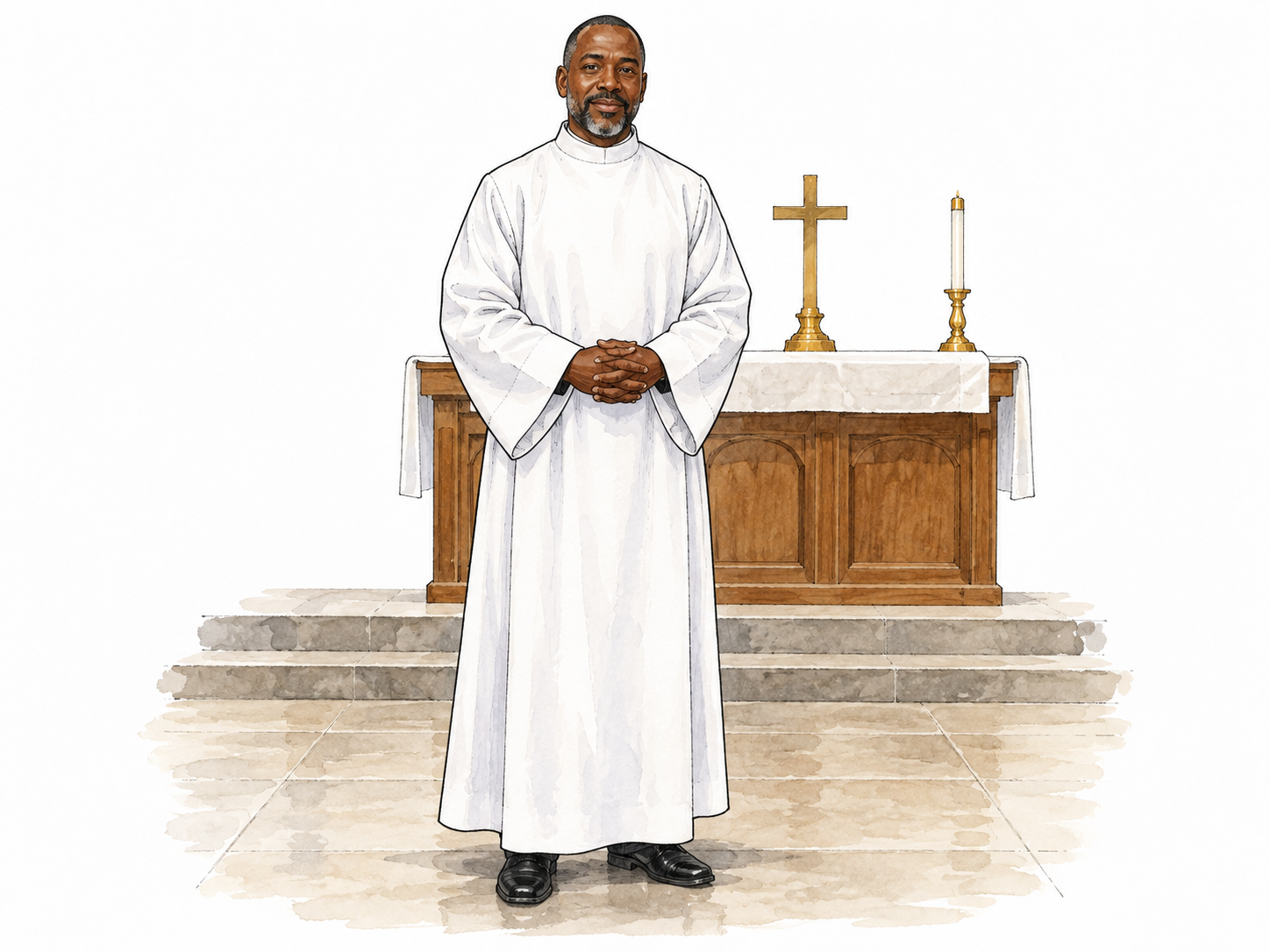 Black Christian clergy member wearing simple ankle-length white alb, full figure, plain church setting.