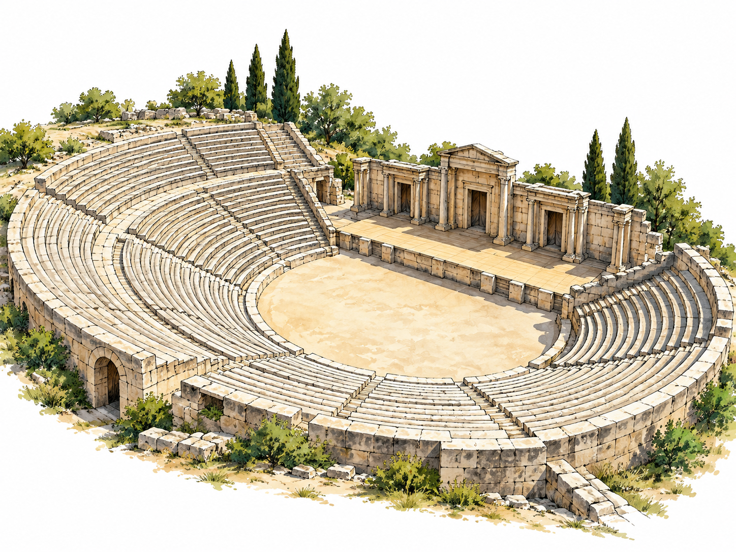 An open-air amphitheater with tiered oval seating surrounding a central stage, daytime architectural view.