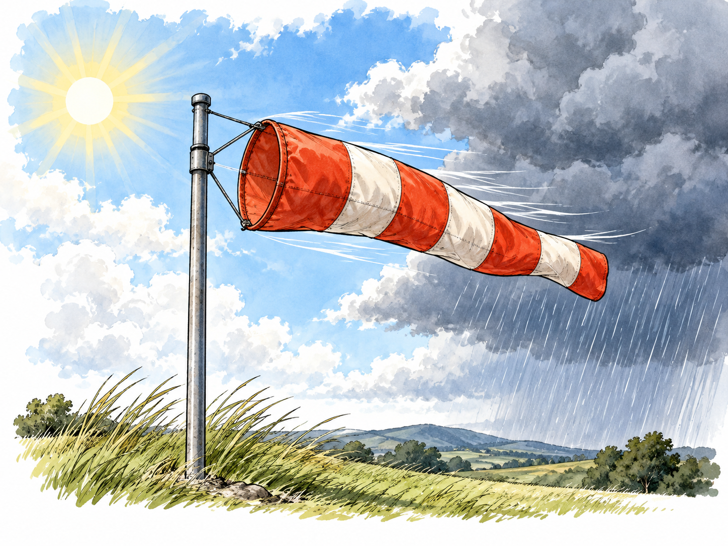 A windsock shifts in gusty wind beneath a sky of sun and passing rainclouds, changeable weather.