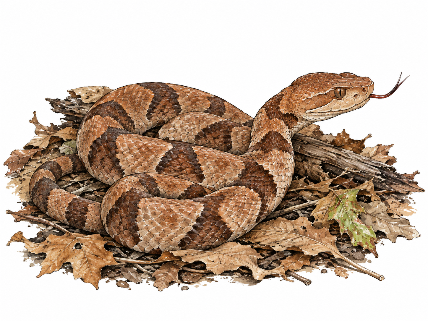 Accurate copperhead snake coiled on leaf litter, copper head and dark hourglass bands narrow along spine.