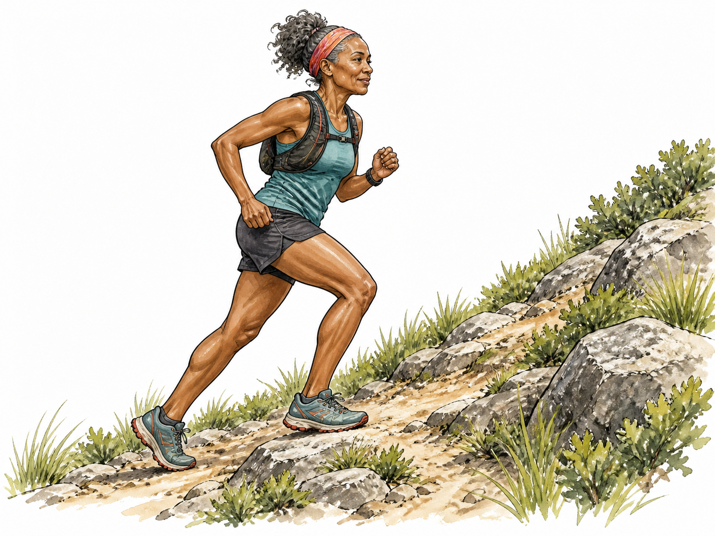 A fit older Black woman maintaining steady pace during a long uphill trail run, sustained effort.