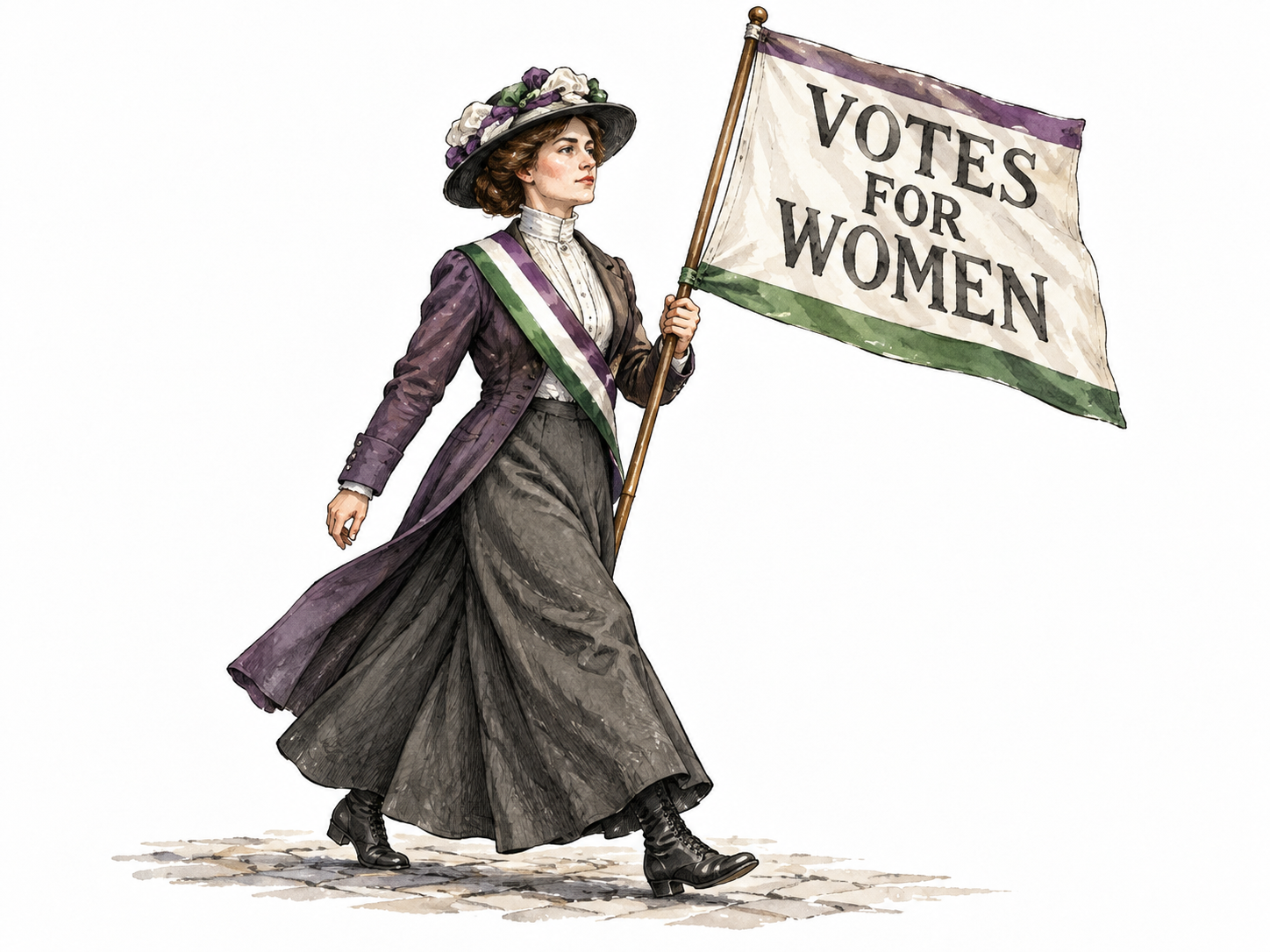 A British suffragette in early twentieth-century clothing marches carrying a simple "VOTES FOR WOMEN" banner, historically plausible, dignified.