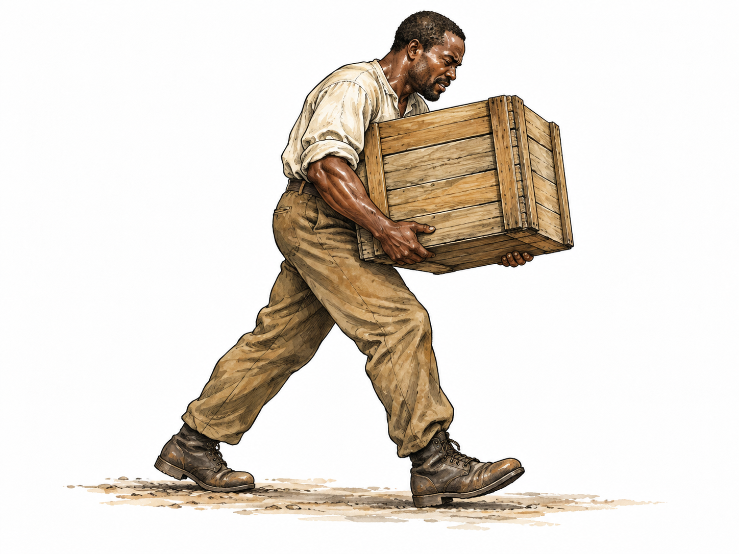 Black adult porter carries a heavy wooden crate in both arms, clearly bearing weight.