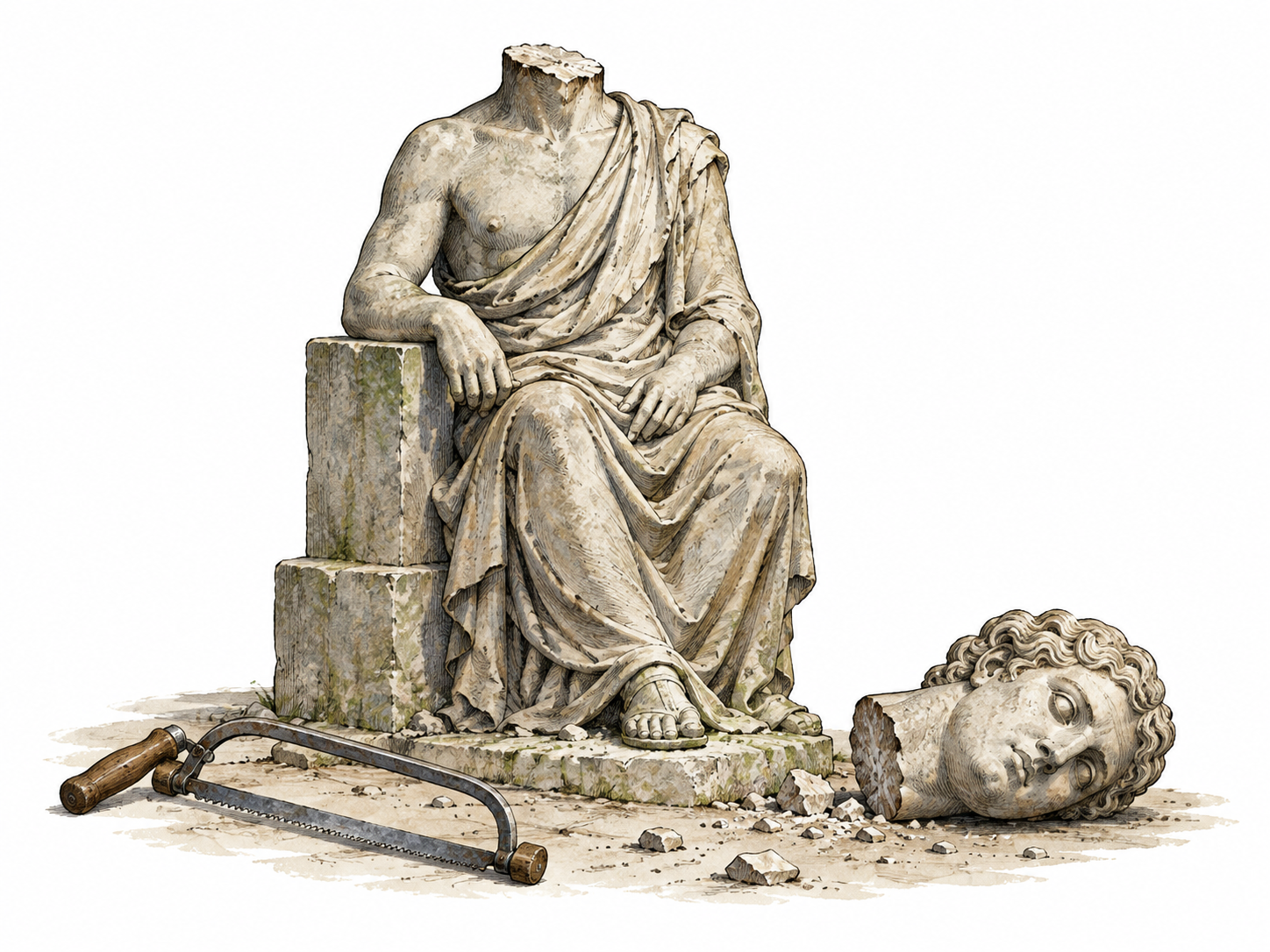 A classical stone human statue with its head freshly cut off lying beside the neck stump, sculptor's saw nearby; entirely inanimate stone, no flesh or blood.