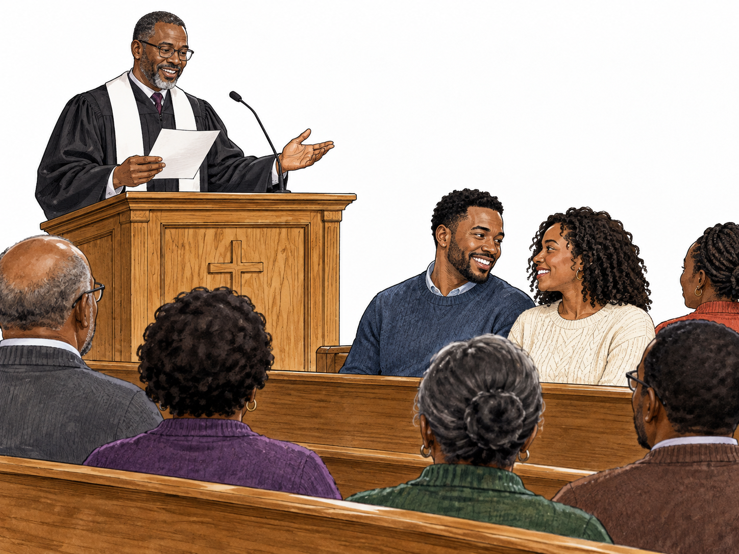 A Black church minister reads an advance marriage announcement from a simple sheet at lectern during ordinary Sunday service.