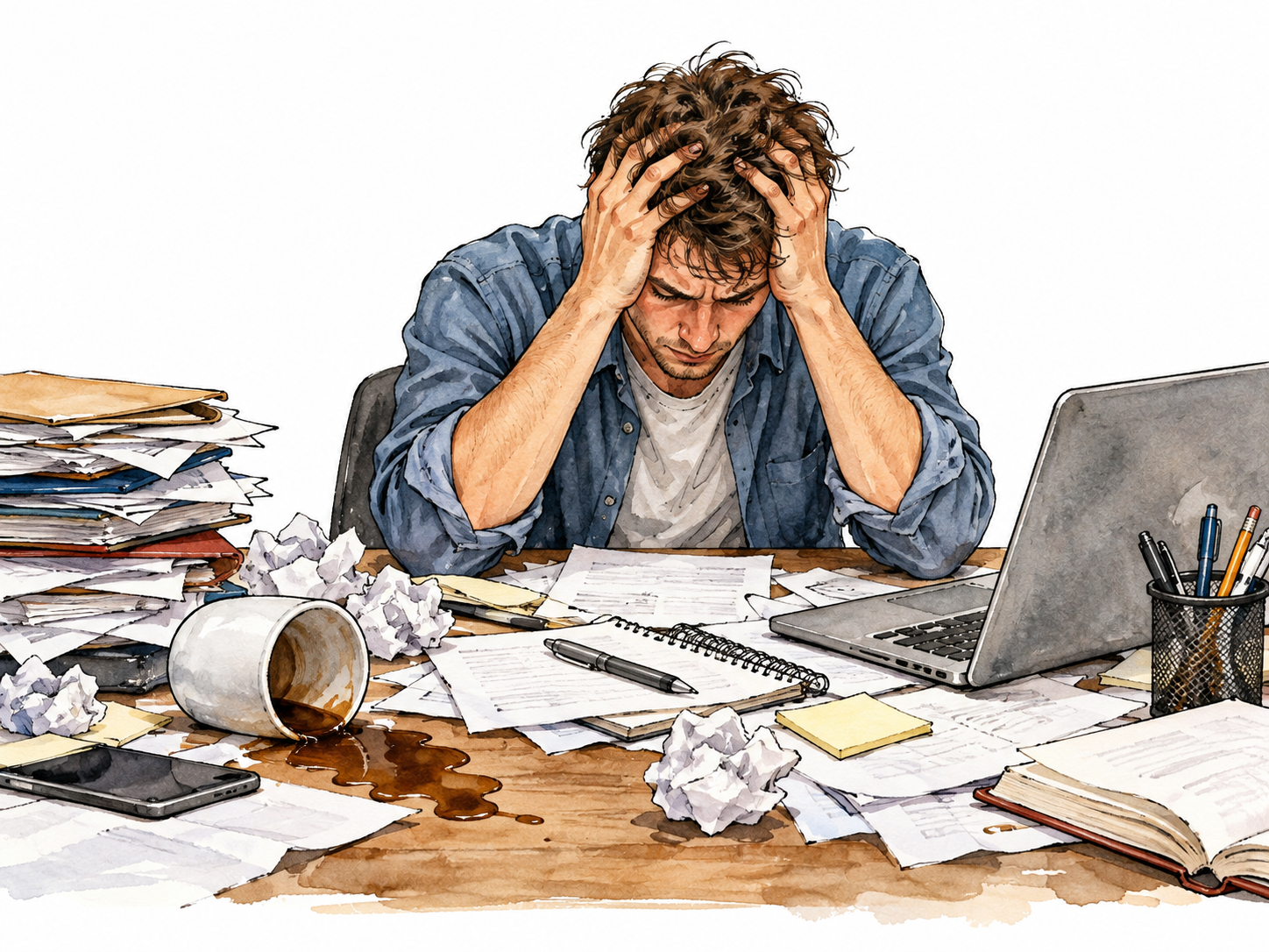 A white young adult overwhelmed at a cluttered desk, head in hands, scattered papers and spilled coffee, emotional loss of calm.