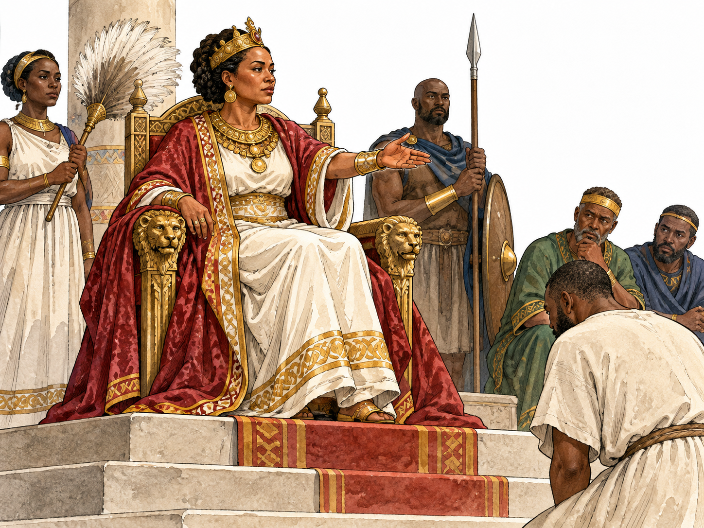 Black woman monarch at independent court issues a decision from throne, dignified realistic scene.