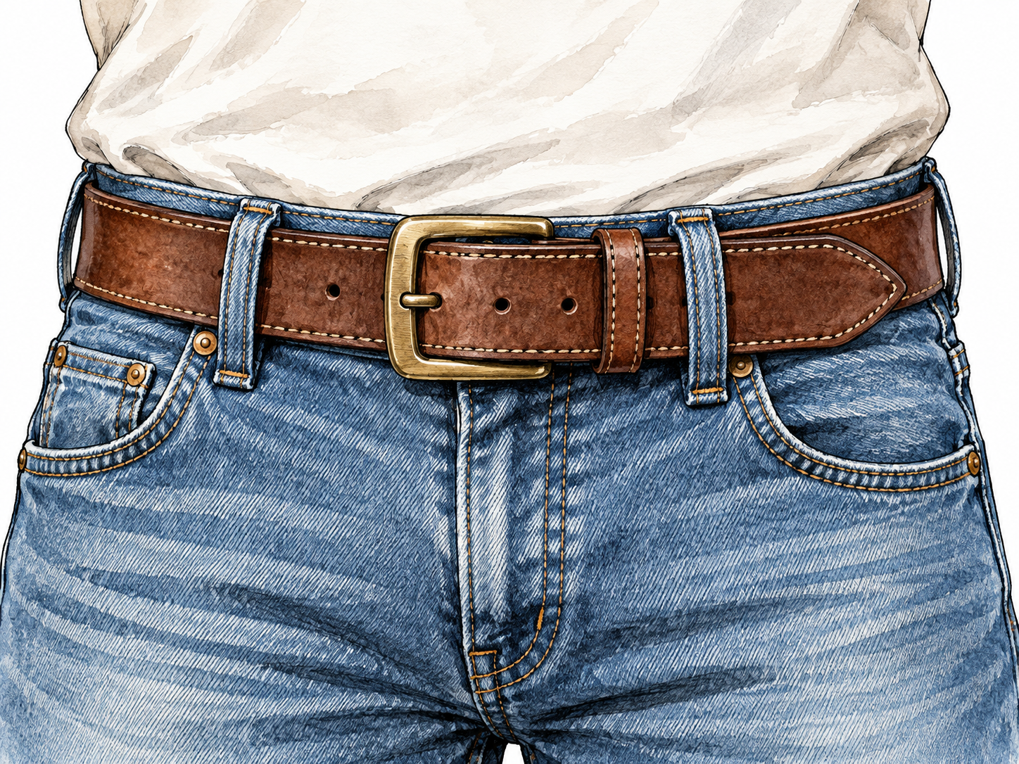 Close view of brown leather belt threaded through jeans loops around a waist, buckle clear.