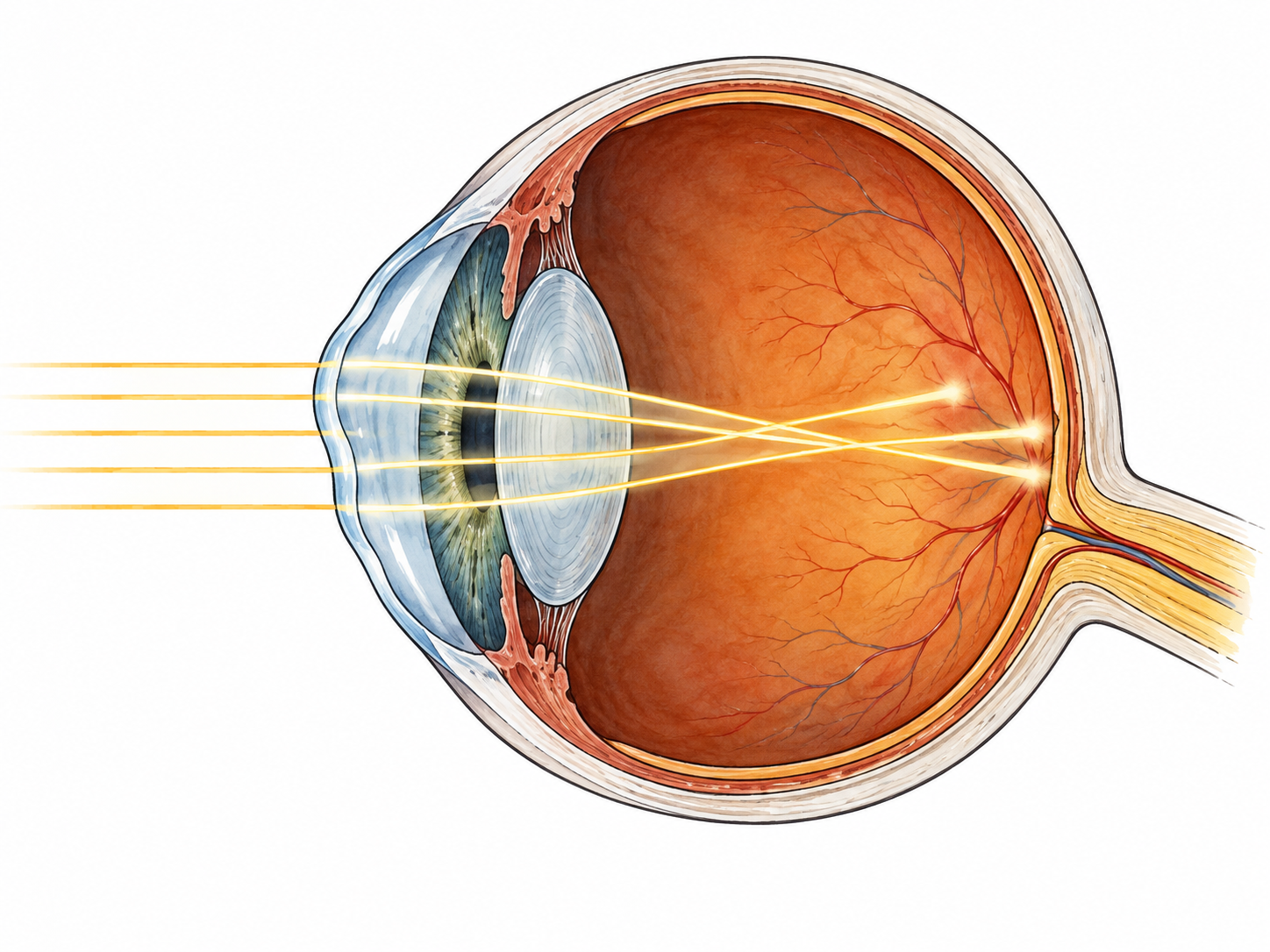 Educational eye cutaway showing uneven corneal curvature and light rays failing to meet at a single retinal focus, no labels.