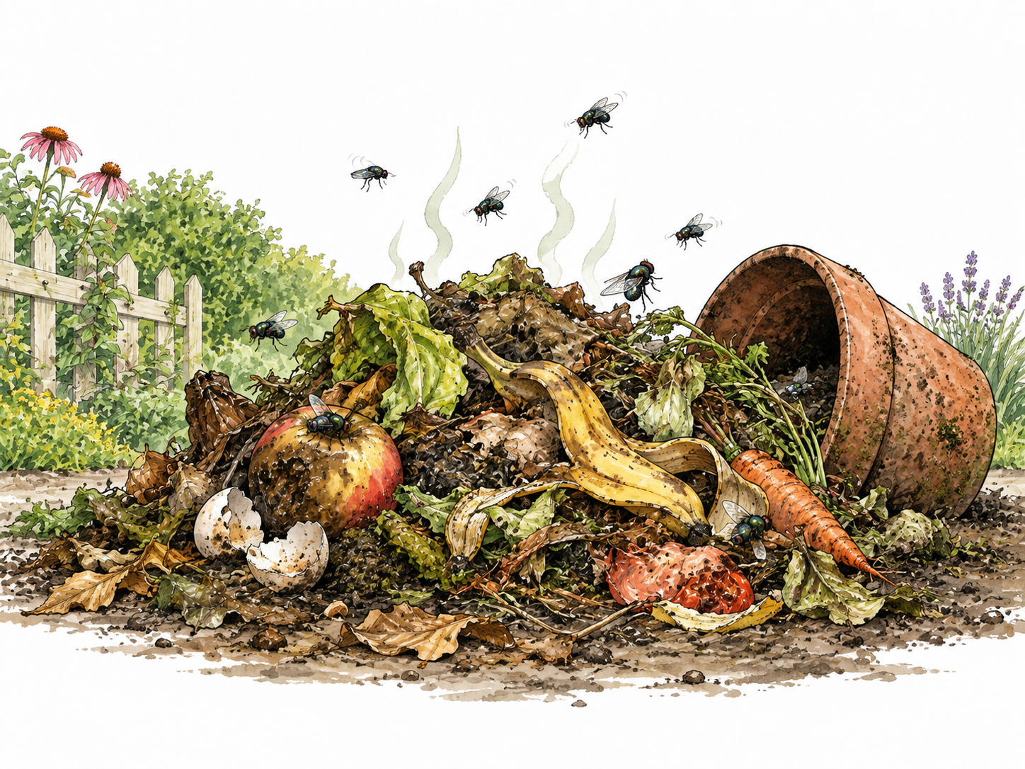 A foul heap of rotting waste in a once-clean garden, flies, restrained non-gory disgust.