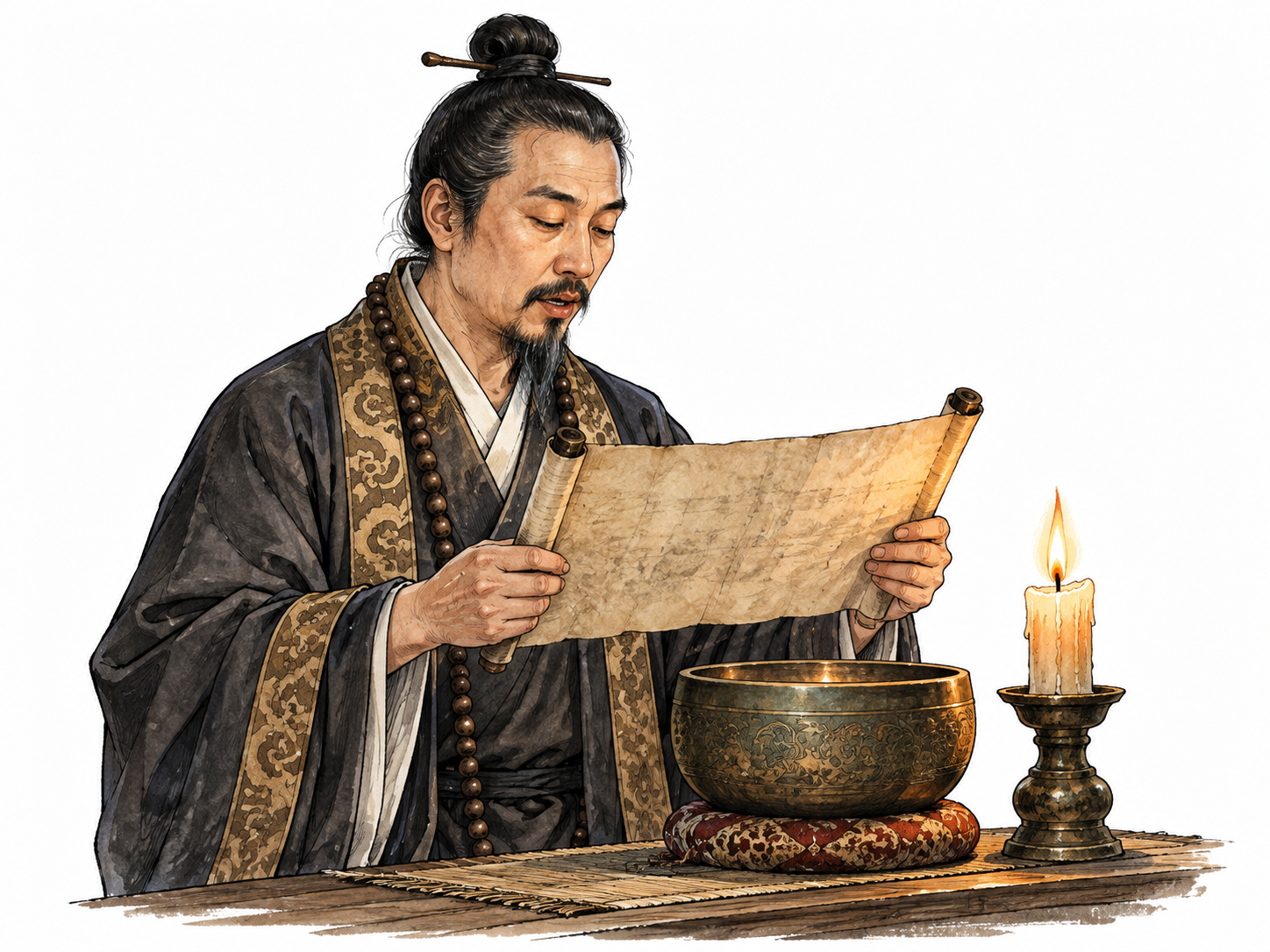 An East Asian adult ritualist quietly chants from an aged scroll over candlelit bowl, no visible lettering.