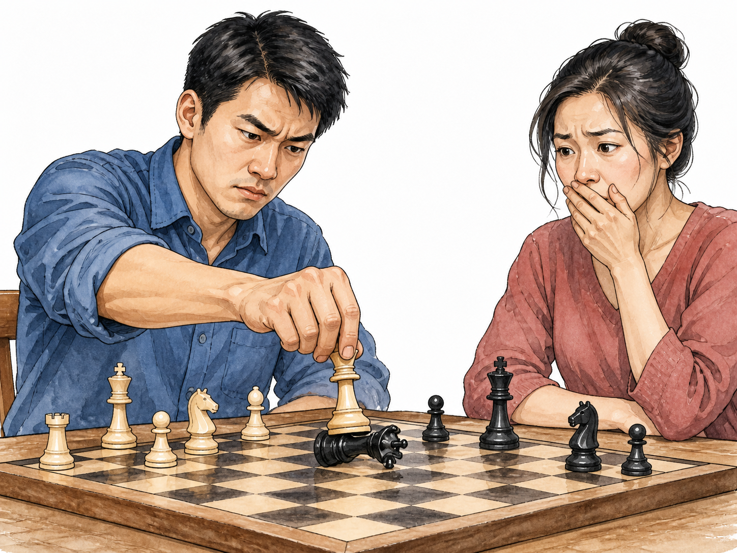 A betrayed chess player deliberately captures opponent's queen in retaliation, East Asian adult pair, strong determined expression.