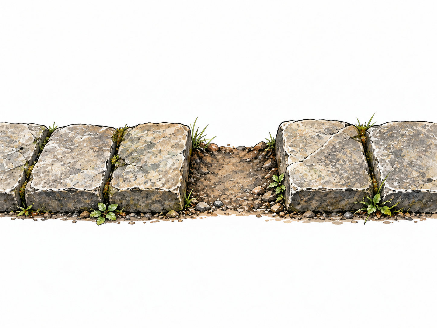 A row of paving stones with one conspicuous empty space separating the left and right groups.