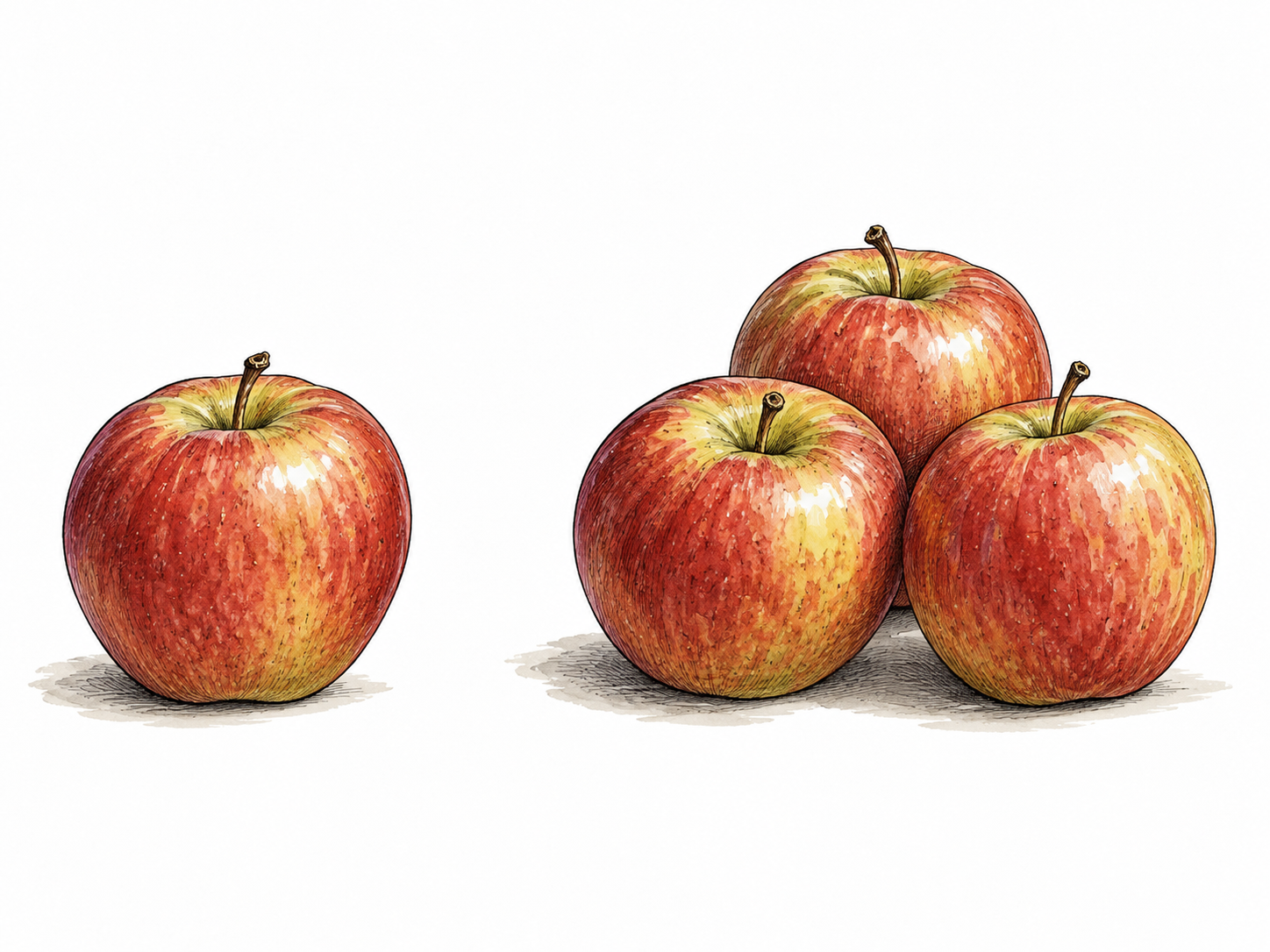 One apple beside a separate group of three apples, distinct singular versus plural grouping.