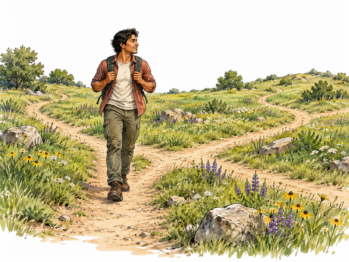 A young Latino man with a backpack leisurely exploring a meadow with several branching paths, unhurried and no destination marker.