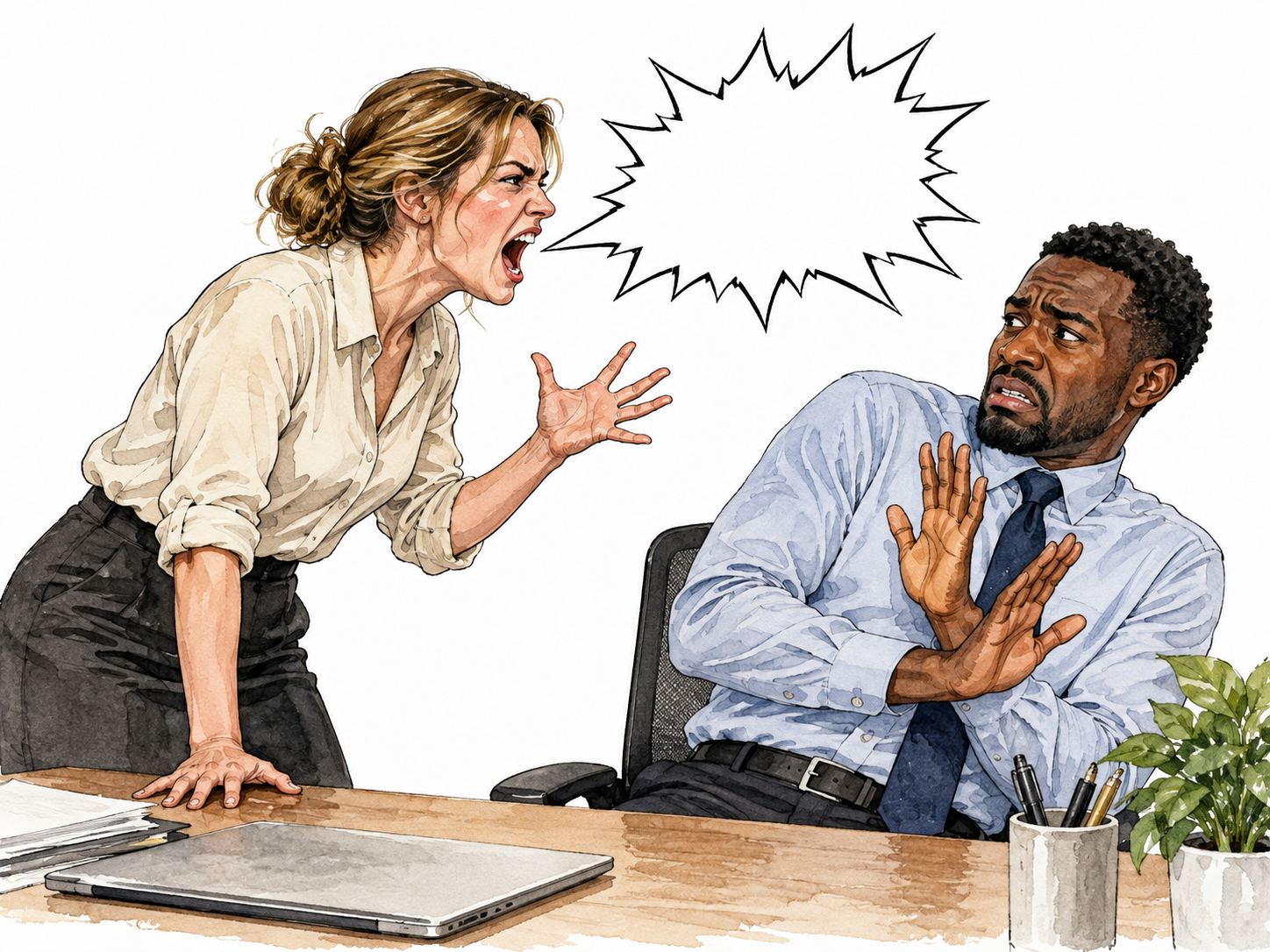 A white woman angrily shouting with a jagged EMPTY speech bubble while a nearby Black male coworker recoils; no swear words, no symbols or letters.