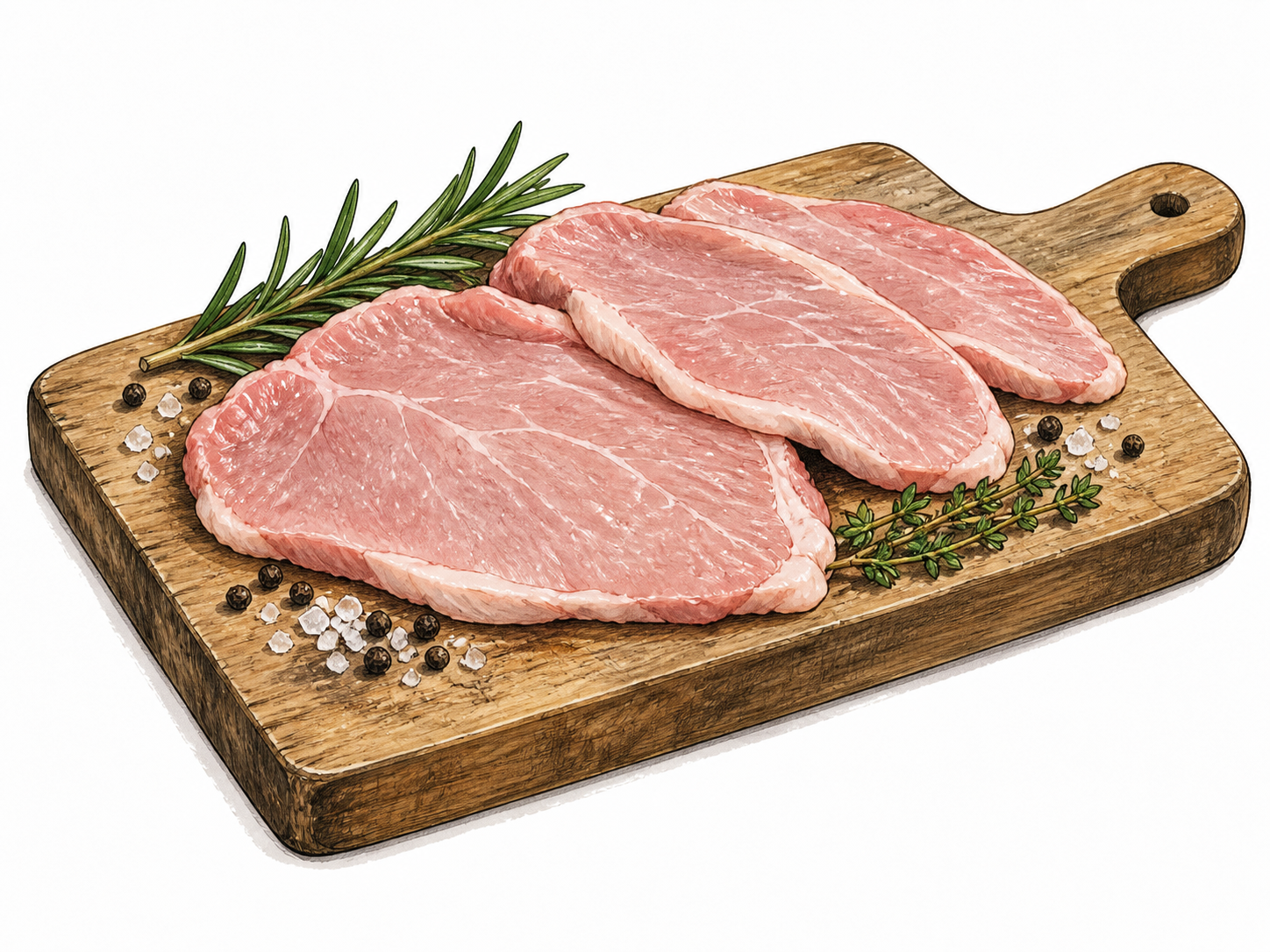 Raw pale pink veal cutlets arranged on a butcher's board, no animal body or slaughter.