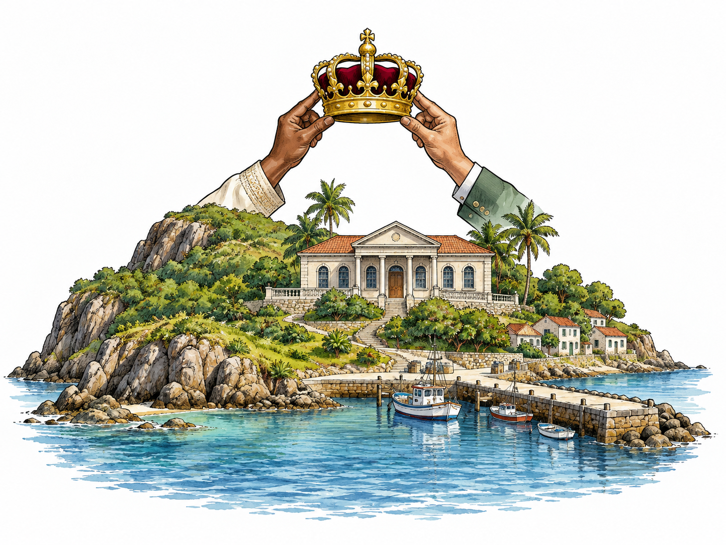 An independent island territory shown with its own modest parliament and harbor, no external ruler, simple symbolic crown held above by local governing hands, no flags or text.