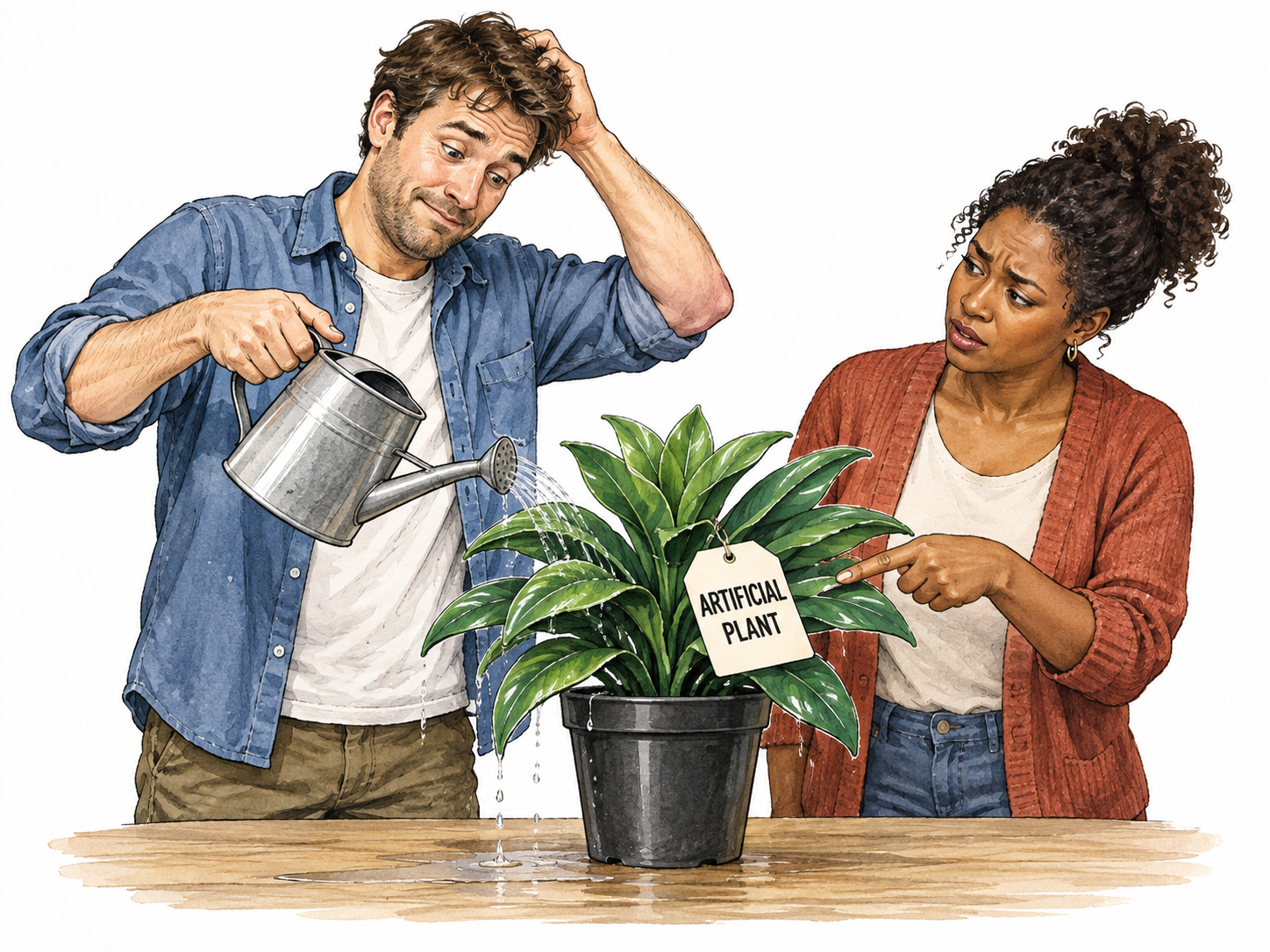 Foolish adult waters a clearly tagged artificial plant while friend points out the mistake.