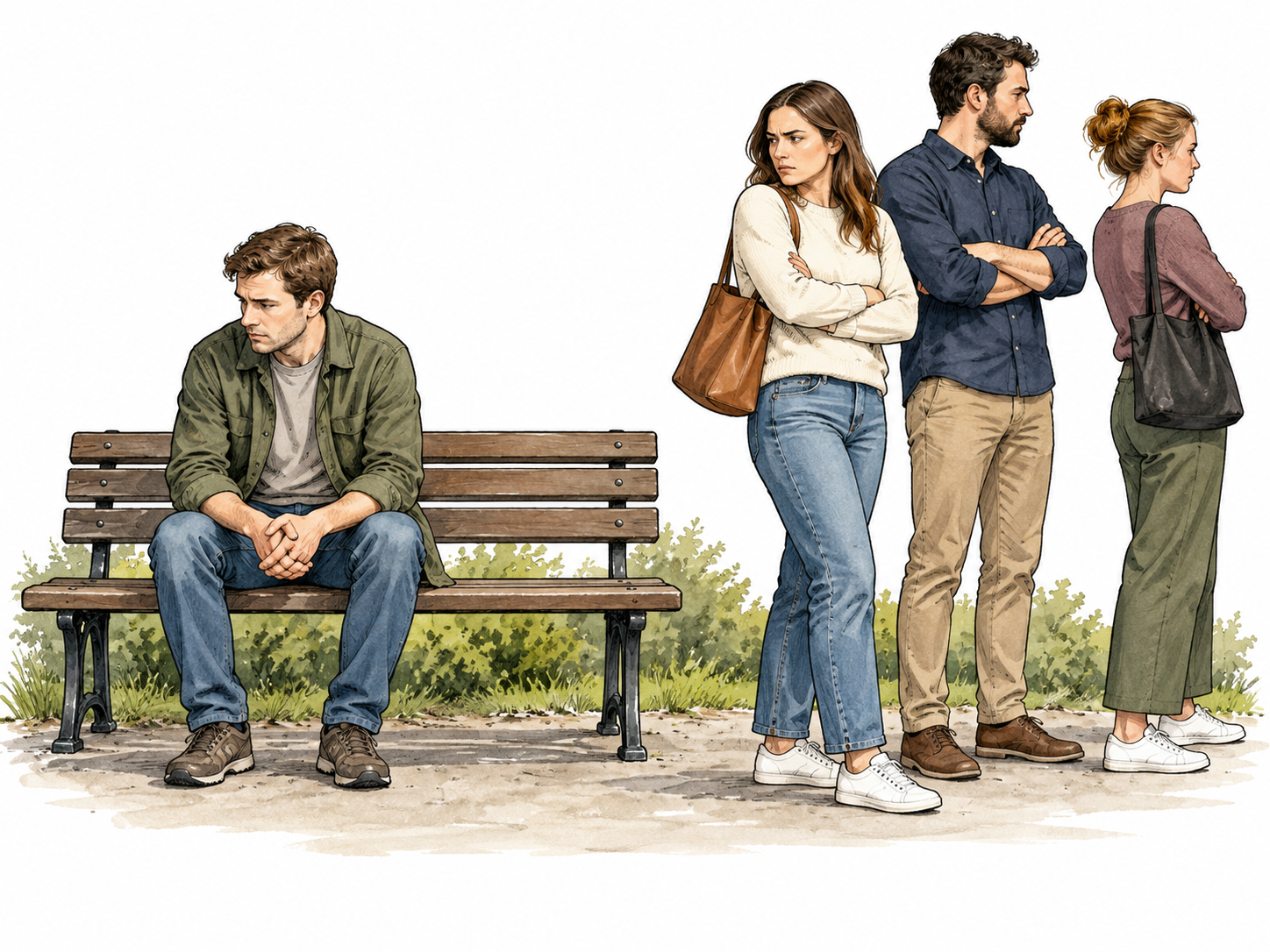 A sober social scene: one ordinary white adult isolated on a bench while others turn away with disapproving body language, no stereotypes or visible condition.