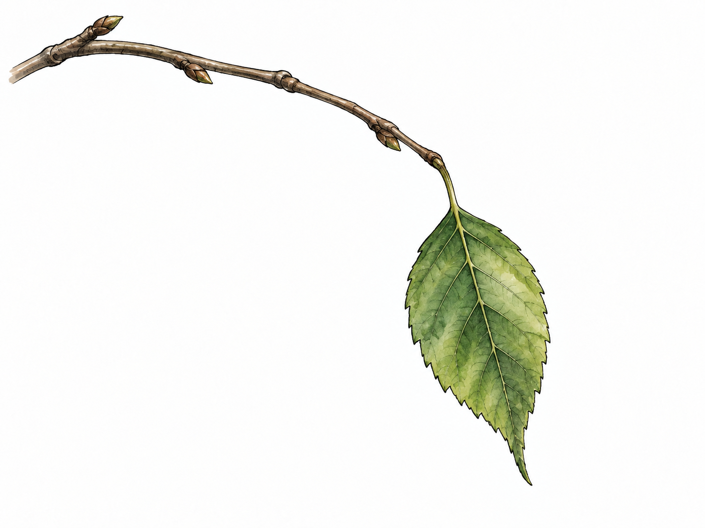 A single green leaf hangs down from a slender drooping twig.
