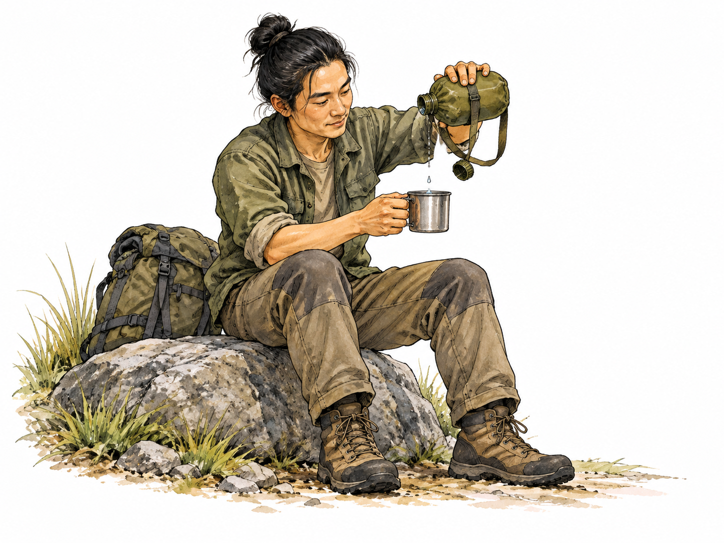 An East Asian camper shakes the last few drops from a water canteen into a cup.