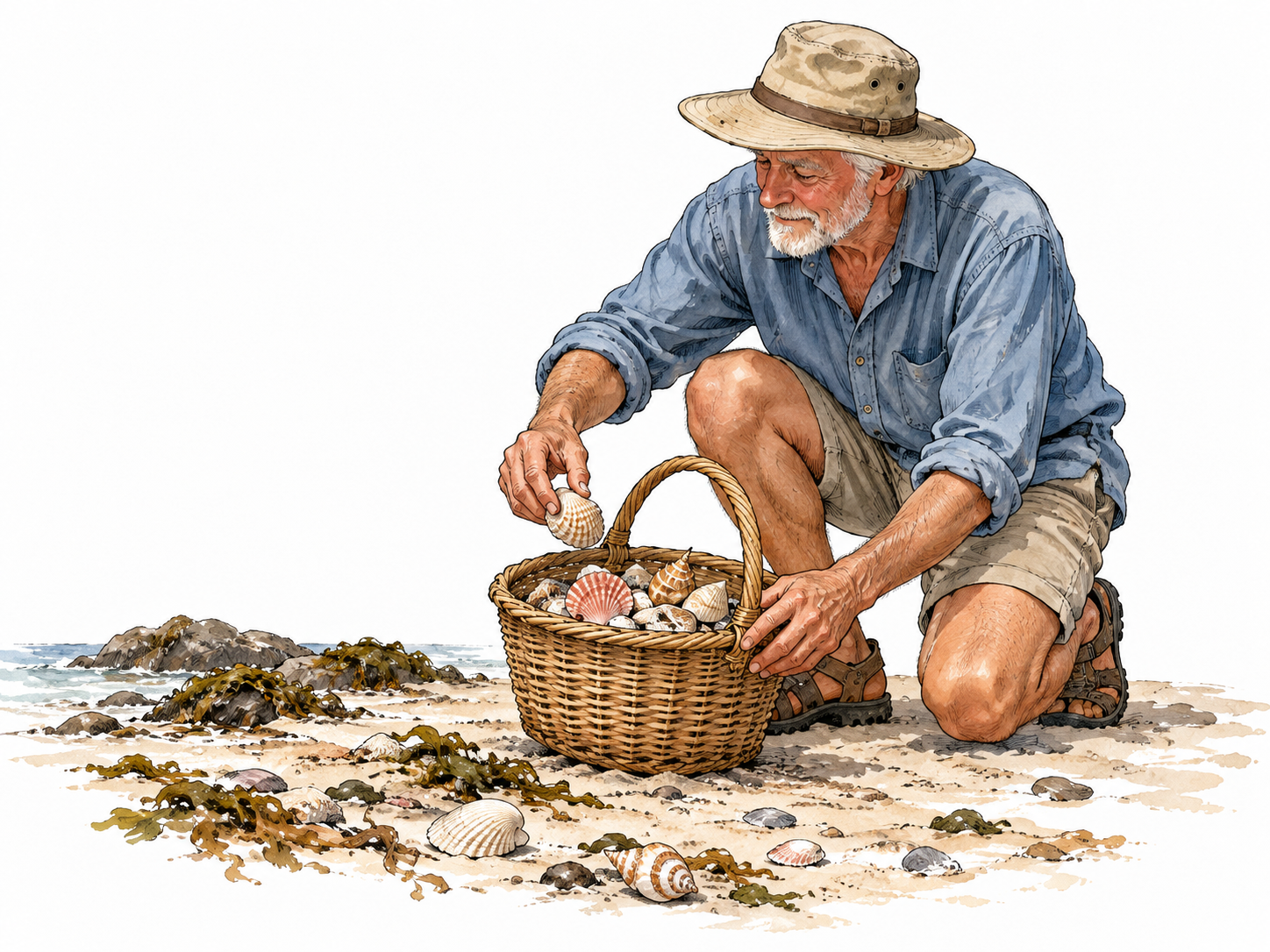 A white elderly beachcomber places a found seashell into a basket of gathered shells.