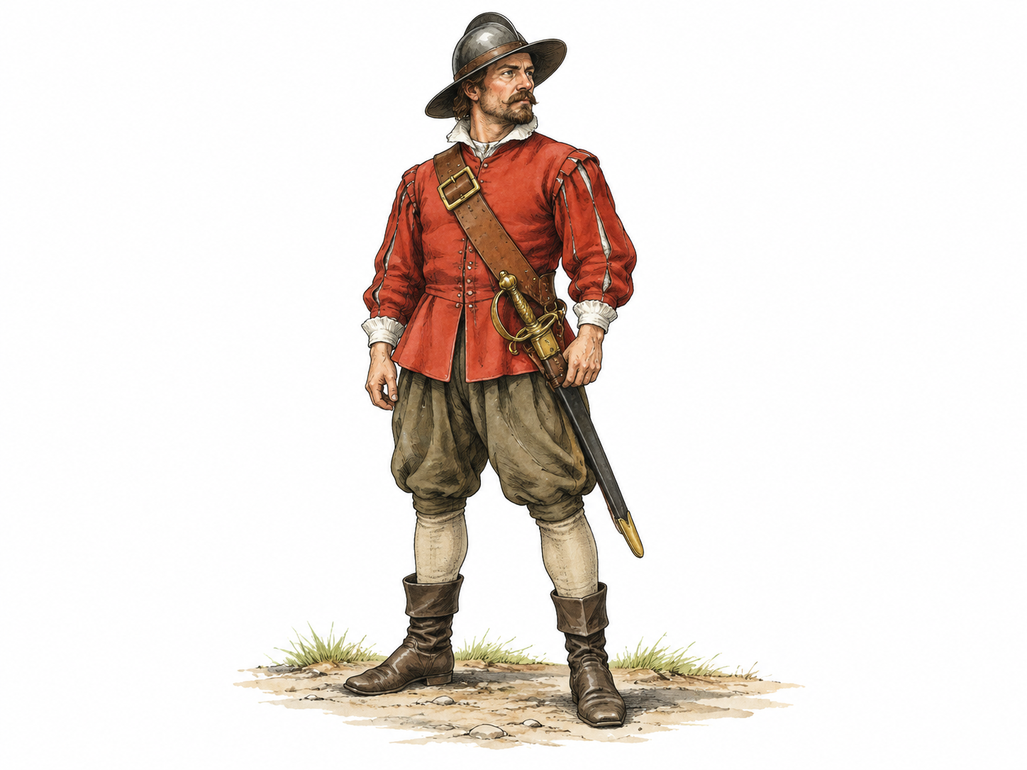 White adult historical guard wears a broad leather baldric diagonally from shoulder to opposite hip, sheathed sword hanging from it.