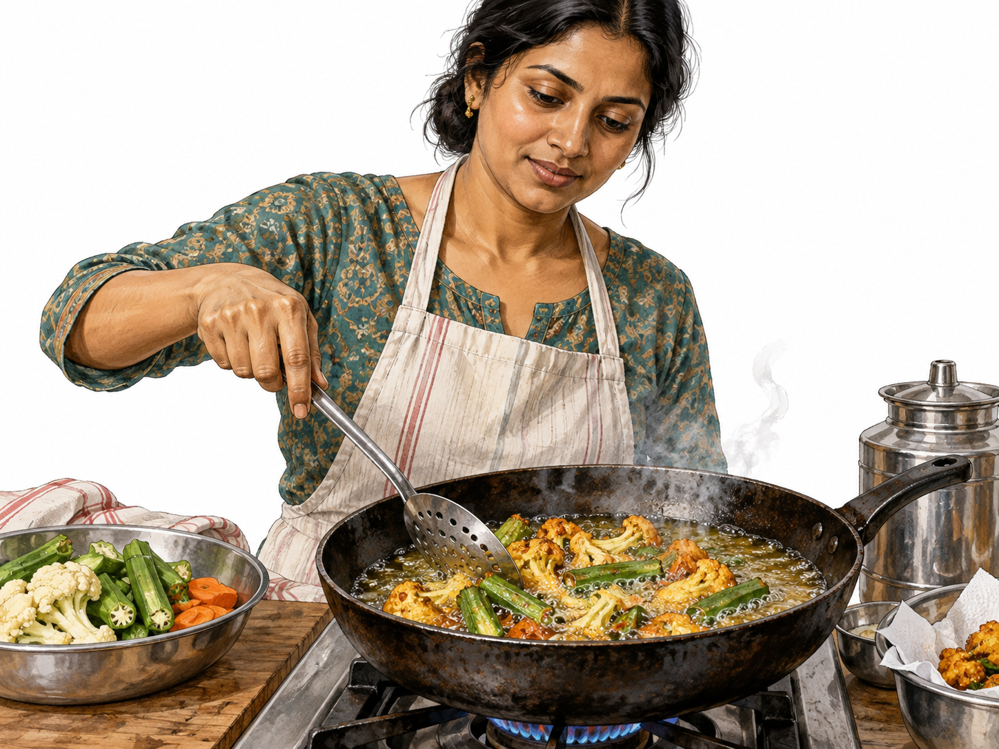 A South Asian cook fries vegetables in shimmering hot oil in a frying pan, subtle steam.