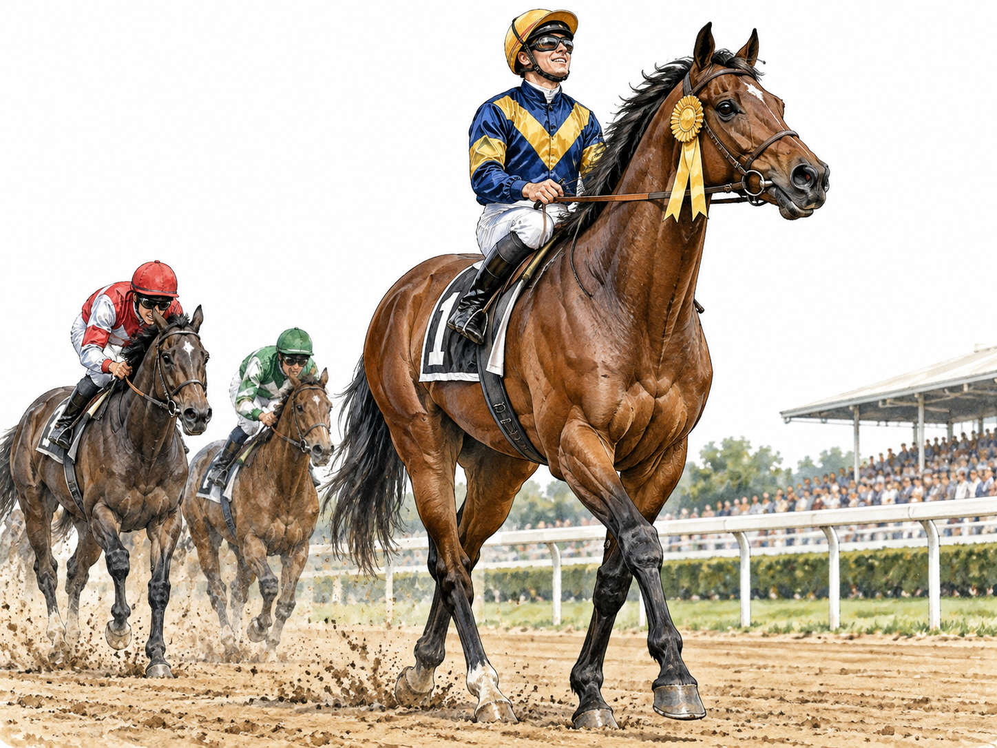 A prize-winning racehorse stands proudly ahead of other horses with a plain gold rosette, leading highest quality.