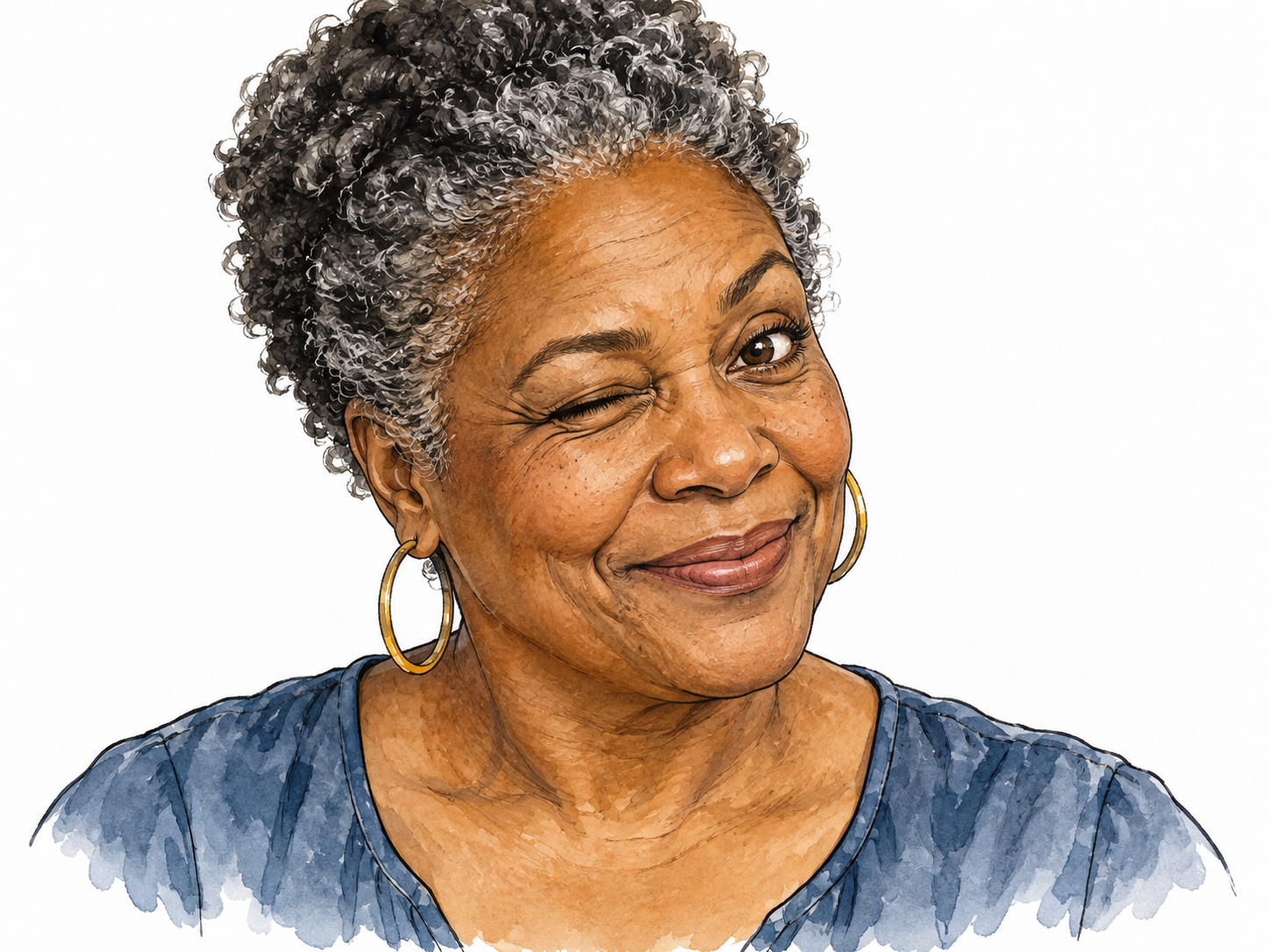 Close portrait of an older Black woman giving a knowing friendly wink, exactly one eye closed and the other open, subtle smile, natural face.