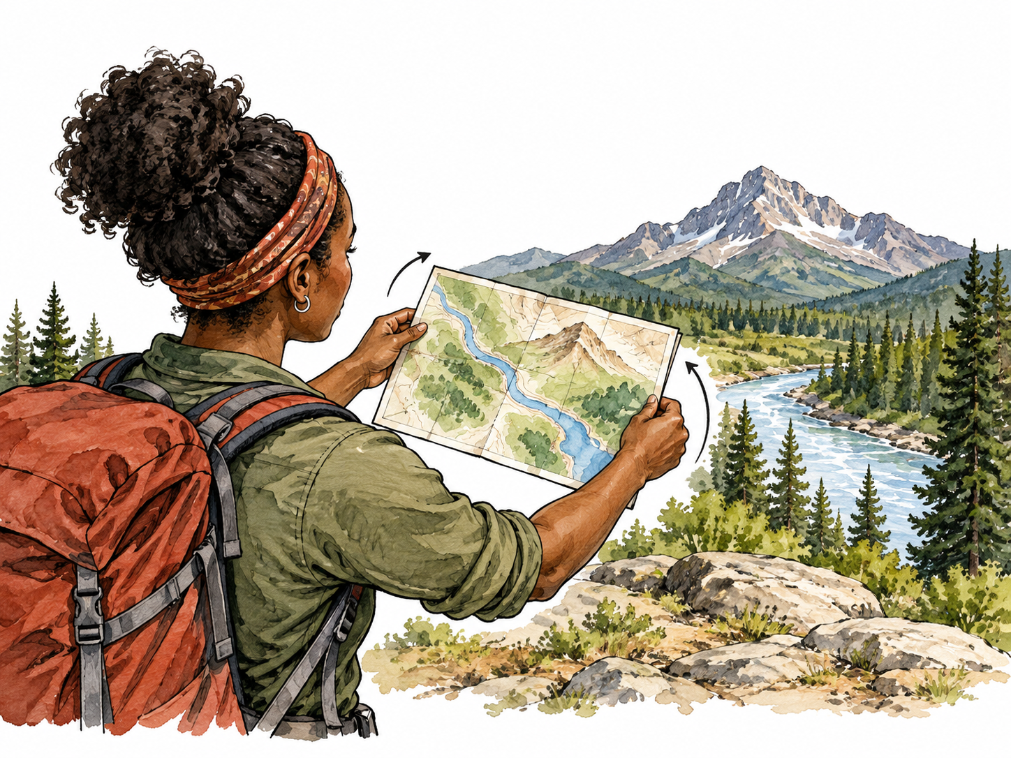 A Black woman hiker rotating a paper map to align it with a river and mountain visible ahead, map simple with no letters.