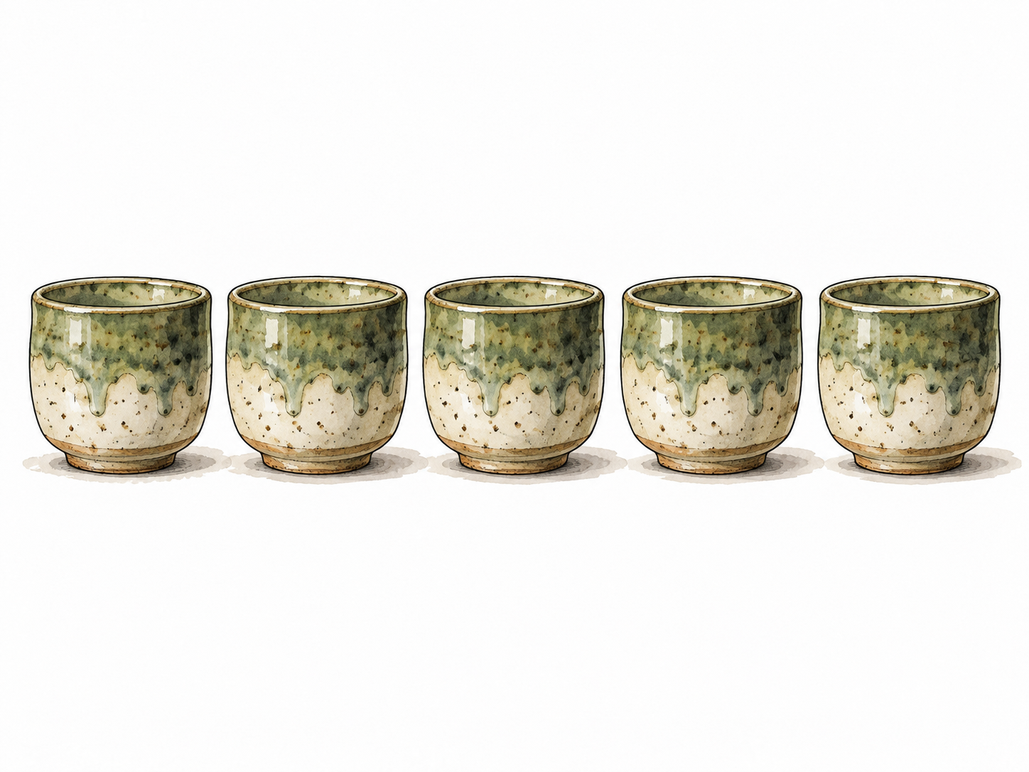 Five matching handmade ceramic cups in a neat row, same size, glaze and shape shows consistency.