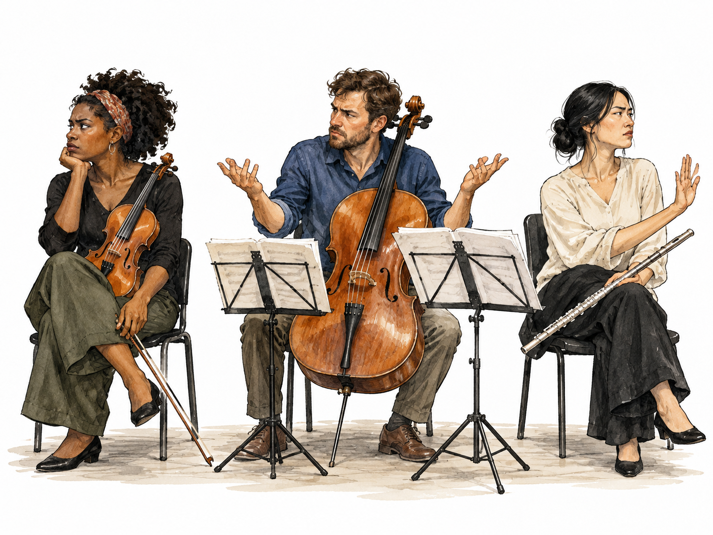 Three contemporary adult musicians, Black woman violinist, white man cellist, East Asian woman flutist, turning away in frustration with instruments lowered and conflicting gestures.