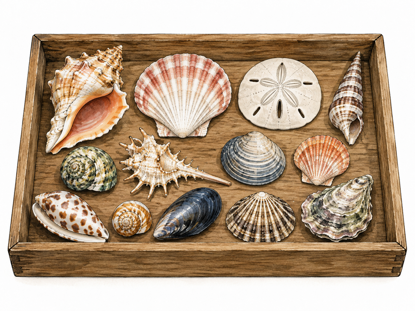 A tidy collection of varied seashells arranged in a shallow wooden display tray.