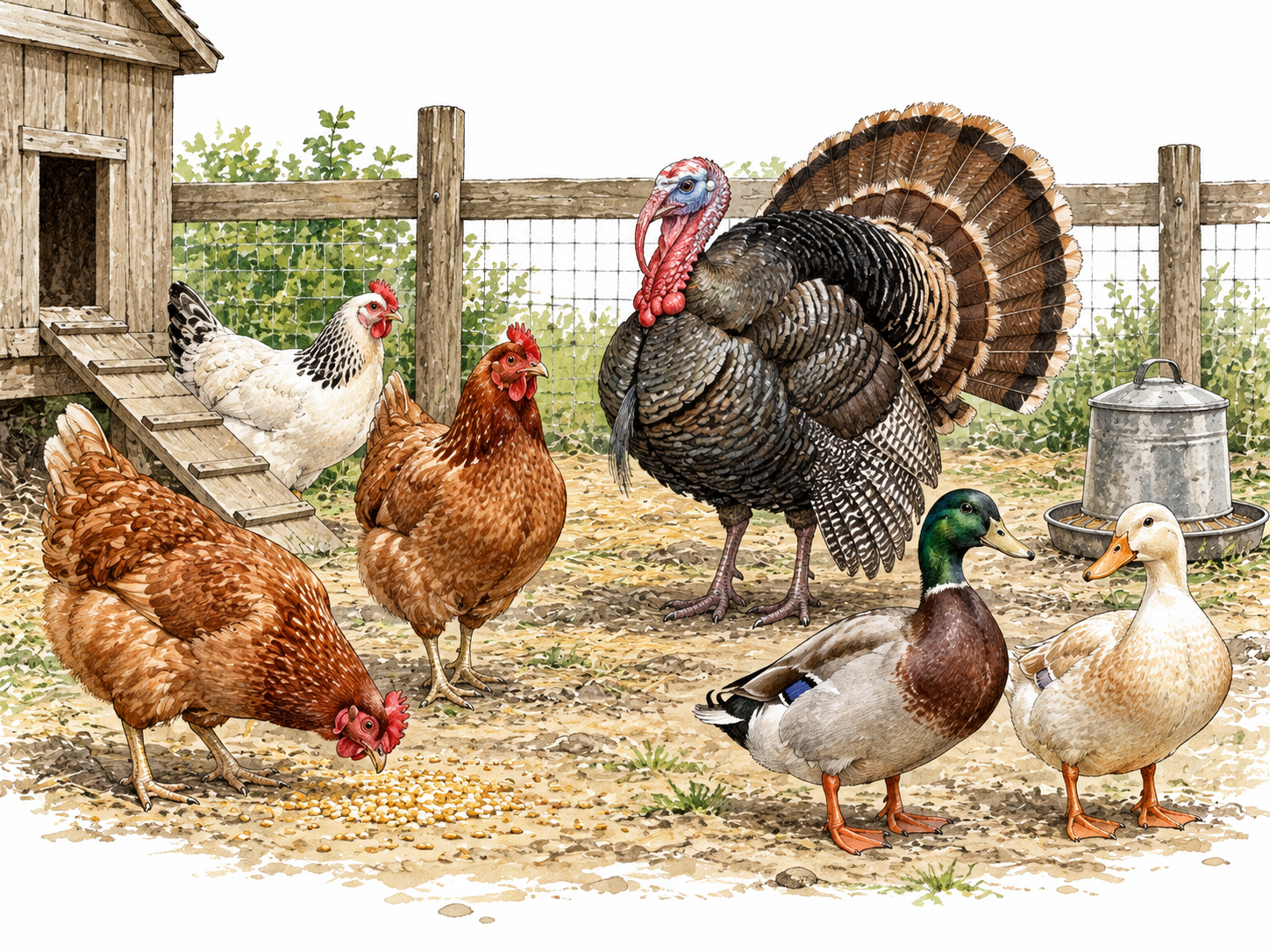 Domesticated hens, turkey and ducks in a farm enclosure, healthy realistic birds.