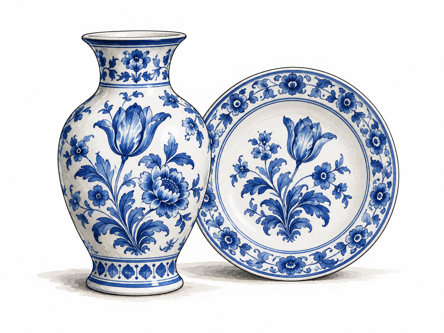Blue-and-white Delft ceramic vase and plate with restrained floral decoration.